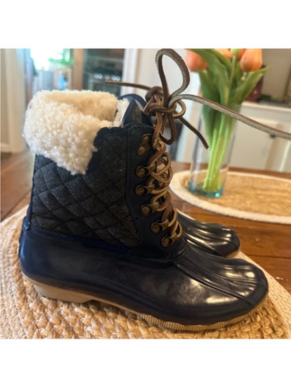 Sperry for J CREW Wool Lined SHEARWATER NAVY/CHARCOAL DUCK BOOT SNOW RUBBER Sz 8